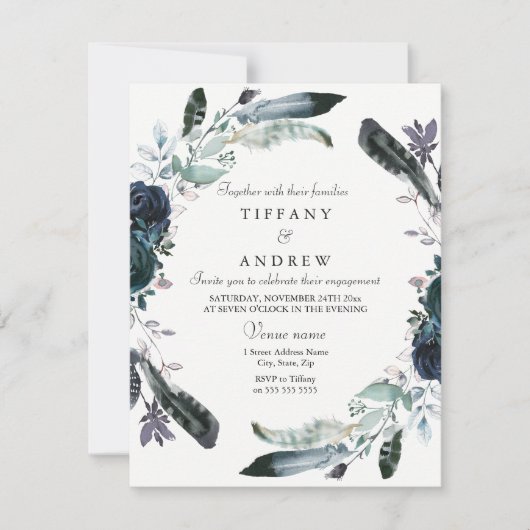 Navy Black Floral Wreath Engagement Party nodigt u Kaart (Voorkant)