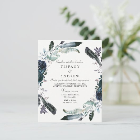 Navy Black Floral Wreath Engagement Party nodigt u Kaart (Staand voorkant)