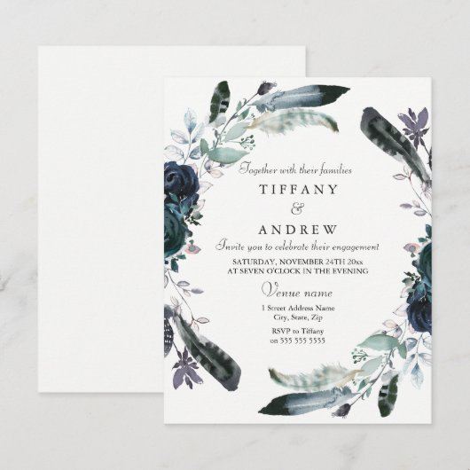 Navy Black Floral Wreath Engagement Party nodigt u Kaart (Voorkant / Achterkant)