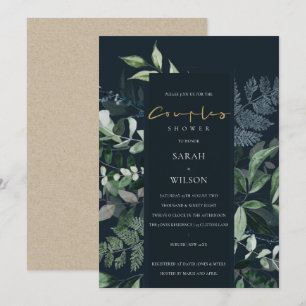 Navy Black Green Leafy Fauna Couples Shower Bedankkaart