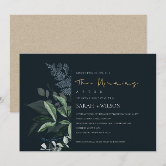 Navy Black Green Leafy Fauna Morning After Invite Bedankkaart (Voorkant / Achterkant)