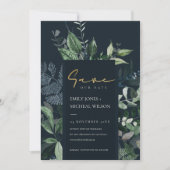 Navy Black Green Leafy Fauna Save the Date Invite Bedankkaart (Voorkant)