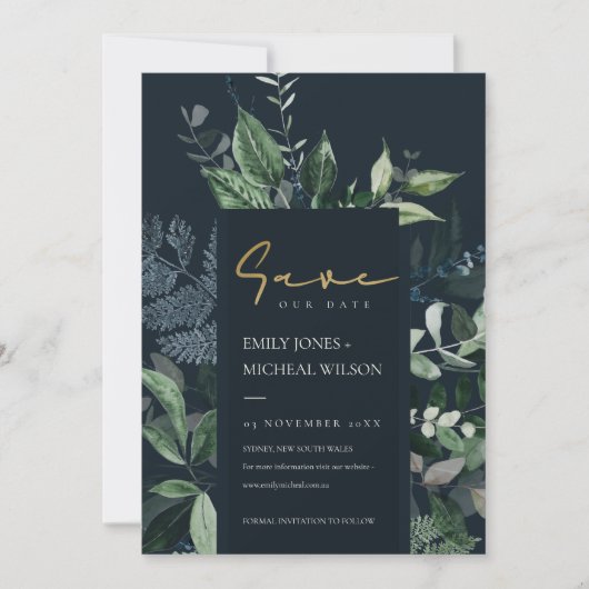 Navy Black Green Leafy Fauna Save the Date Invite Bedankkaart (Voorkant)