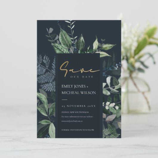 Navy Black Green Leafy Fauna Save the Date Invite Bedankkaart (Staand voorkant)