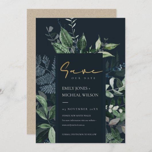 Navy Black Green Leafy Fauna Save the Date Invite Bedankkaart (Voorkant / Achterkant)