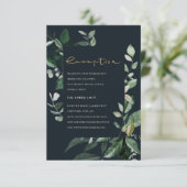 Navy Black Green Leafy Foliage Weddenschap Recepti Informatiekaartje (Staand voorkant)