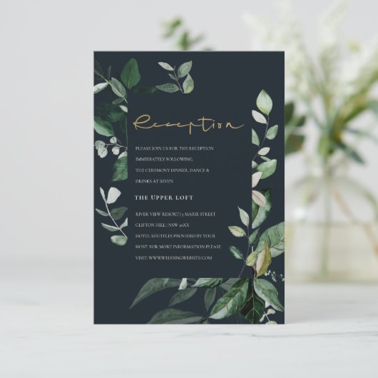 Navy Black Green Leafy Foliage Weddenschap Recepti Informatiekaartje (Staand voorkant)