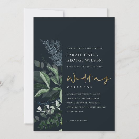 Navy Black Green Leafy Foliage Wedding Invite Bedankkaart (Voorkant)