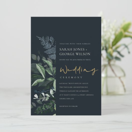 Navy Black Green Leafy Foliage Wedding Invite Bedankkaart (Staand voorkant)