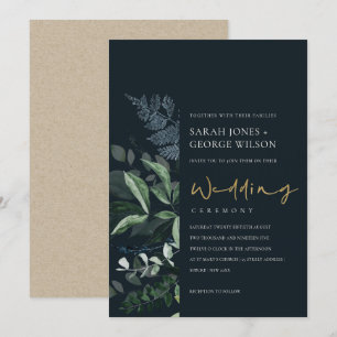 Navy Black Green Leafy Foliage Wedding Invite Bedankkaart