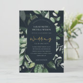 Navy Black Green Leafy Foliage Wedding Invite Bedankkaart (Staand voorkant)