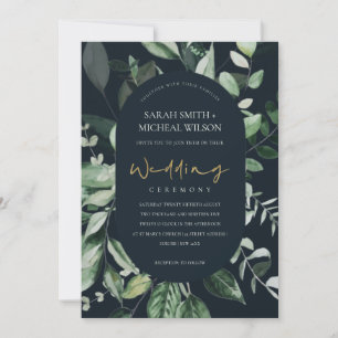 Navy Black Green Leafy Foliage Wedding Invite Bedankkaart