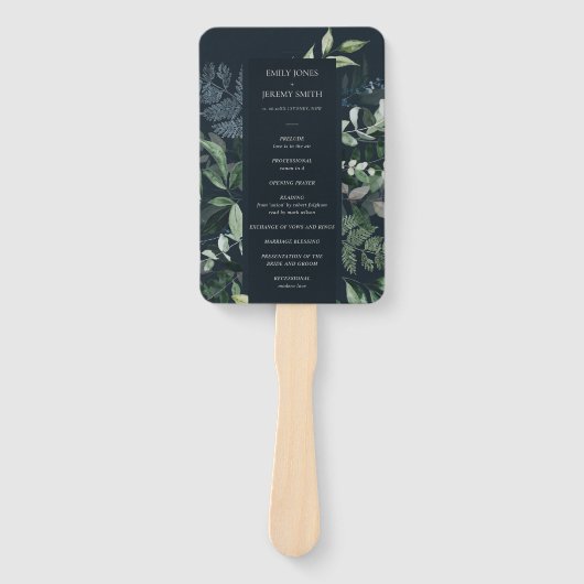 Navy Black Green Leafy Foliage Wedding Programme Handwaaier (Voorkant)