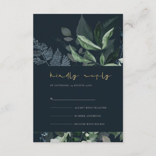 Navy Black Green Leafy Foliage Wedding Rsvp Informatiekaartje (Voorkant)