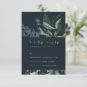Navy Black Green Leafy Foliage Wedding Rsvp Informatiekaartje (Staand voorkant)