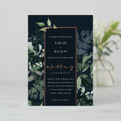 Navy Black Green Leafy Tropical Fauna Wedding Folie Uitnodiging (Staand Voorkant)