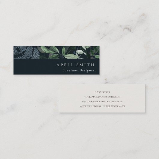 Navy Black Green Leafy Tropical Foliage Fern Mini Visitekaartje (Voorkant / Achterkant)