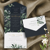 Navy Black Green Leafy Tropical Foliage Wedding Al All In One Uitnodiging
