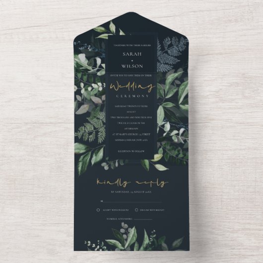 Navy Black Green Leafy Tropical Foliage Wedding Al All In One Uitnodiging (Binnen)