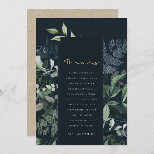 Navy Black Green Leafy Tropical Foliage Wedding Bedankkaart (Voorkant / Achterkant)