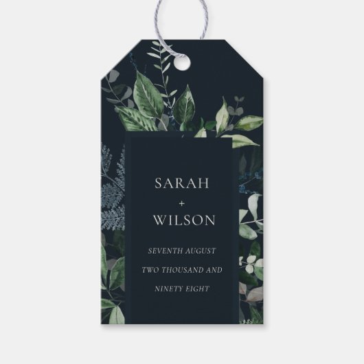 Navy Black Green Leafy Tropical Foliage Wedding Cadeaulabel (Voorkant)