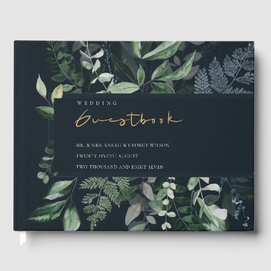 Navy Black Green Leafy Tropical Foliage Wedding Gastenboek (Voorkant)