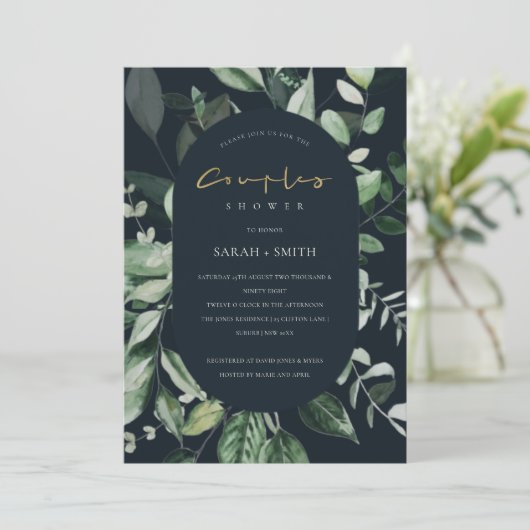 Navy Black Leafy Capsule Couples Shower Invite Bedankkaart (Staand voorkant)