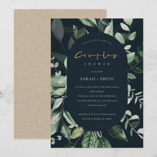 Navy Black Leafy Capsule Couples Shower Invite Bedankkaart (Voorkant / Achterkant)