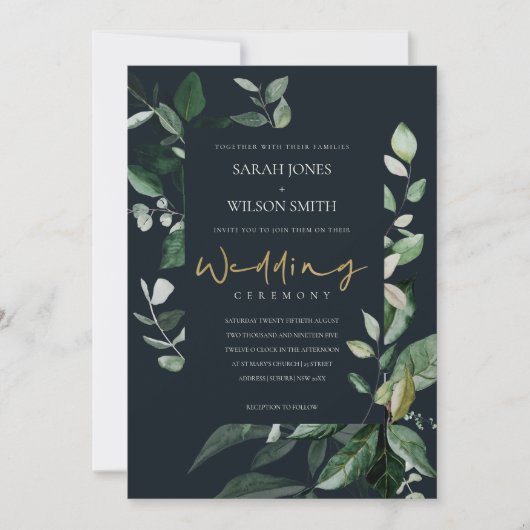 Navy Black Leafy Capsule Foliage Wedding Invite Bedankkaart (Voorkant)
