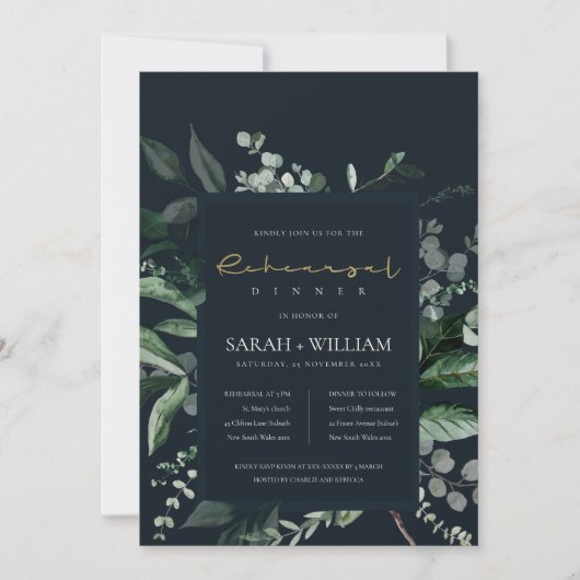 Navy Black Leafy Fauna Rehearsal Dinner Invite Bedankkaart (Voorkant)