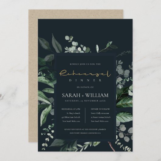 Navy Black Leafy Fauna Rehearsal Dinner Invite Bedankkaart (Voorkant / Achterkant)