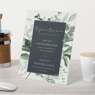 Navy Black Leafy Foliage Signature Drink Cocktail Reclamebord Met Voetstuk