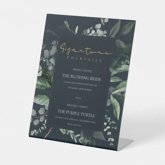 Navy Black Leafy Foliage Signature Drink Cocktail Reclamebord Met Voetstuk (Voorkant)