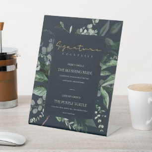 Navy Black Leafy Foliage Signature Drink Cocktail Reclamebord Met Voetstuk