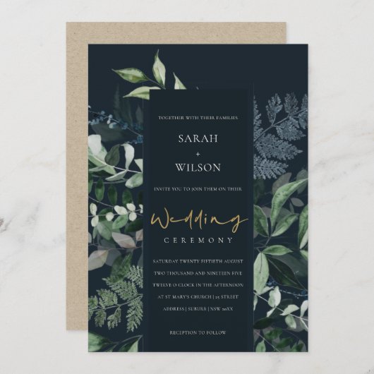 Navy Black Leafy Tropical Foliage Wedding Invite Bedankkaart (Voorkant / Achterkant)