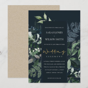 Navy Black Leafy Tropical Foliage Wedding Invite Bedankkaart