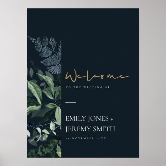 Navy Black Leafy Tropical Foliage Weduwen Welkom Poster (Voorkant)
