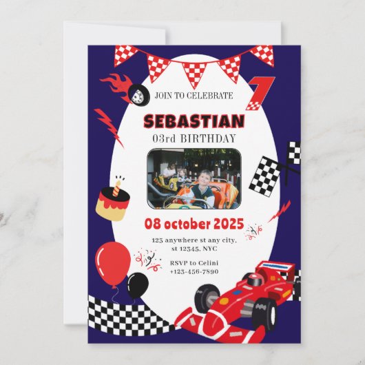 Navy & Black Race Verjaardag Uitnodiging-Custom Fo Kaart (Voorkant)