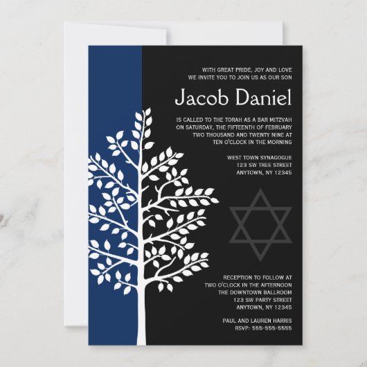 Navy Black Tree of Life Bar Mitzvah Invitations Kaart (Voorkant)
