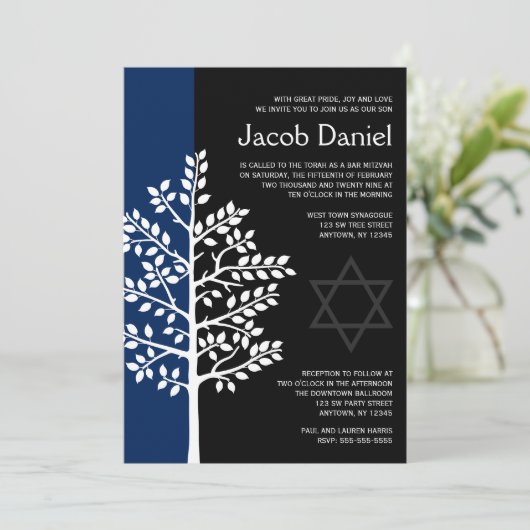 Navy Black Tree of Life Bar Mitzvah Invitations Kaart (Staand voorkant)