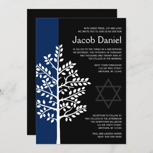 Navy Black Tree of Life Bar Mitzvah Invitations Kaart (Voorkant / Achterkant)