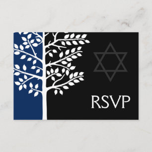 Navy Black Tree of Life Bar Mitzvah RSVP Kaartje
