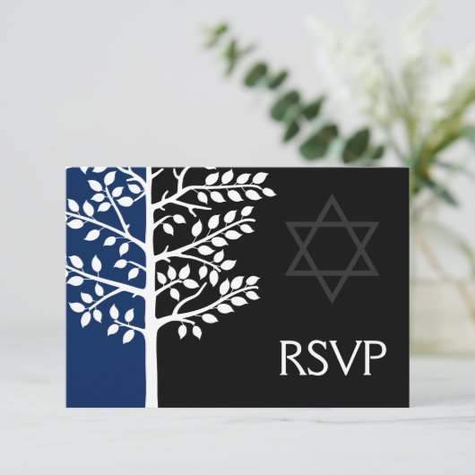Navy Black Tree of Life Bar Mitzvah RSVP Kaartje (Staand voorkant)