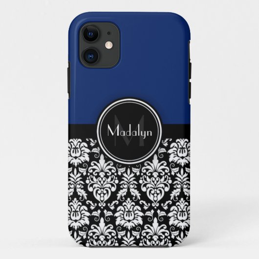 Navy Black White Damask Monogram Letter Case-Mate iPhone Case (Achterkant)