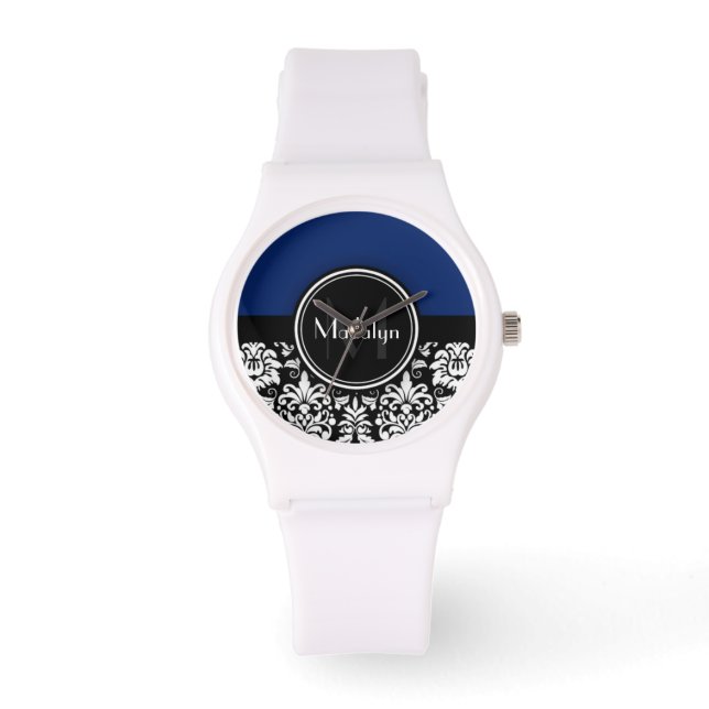 Navy Black White Damask Monogram Letter Horloge (Voorkant)