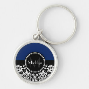 Navy Black White Damask Monogram Letter Sleutelhanger