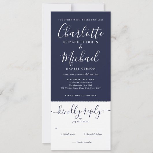 Navy Blau Elegant Script All-in-One Trouwset Kaart (Voorkant)
