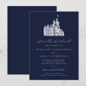 Navy Blau Kasteel Illustratie Weekend Trouwen Save The Date (Voorkant / Achterkant)