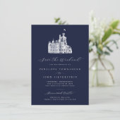 Navy Blau Kasteel Illustratie Weekend Trouwen Save The Date (Staand voorkant)