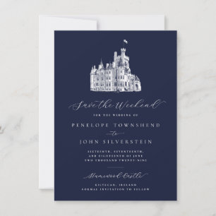 Navy Blau Kasteel Illustratie Weekend Trouwen Save The Date